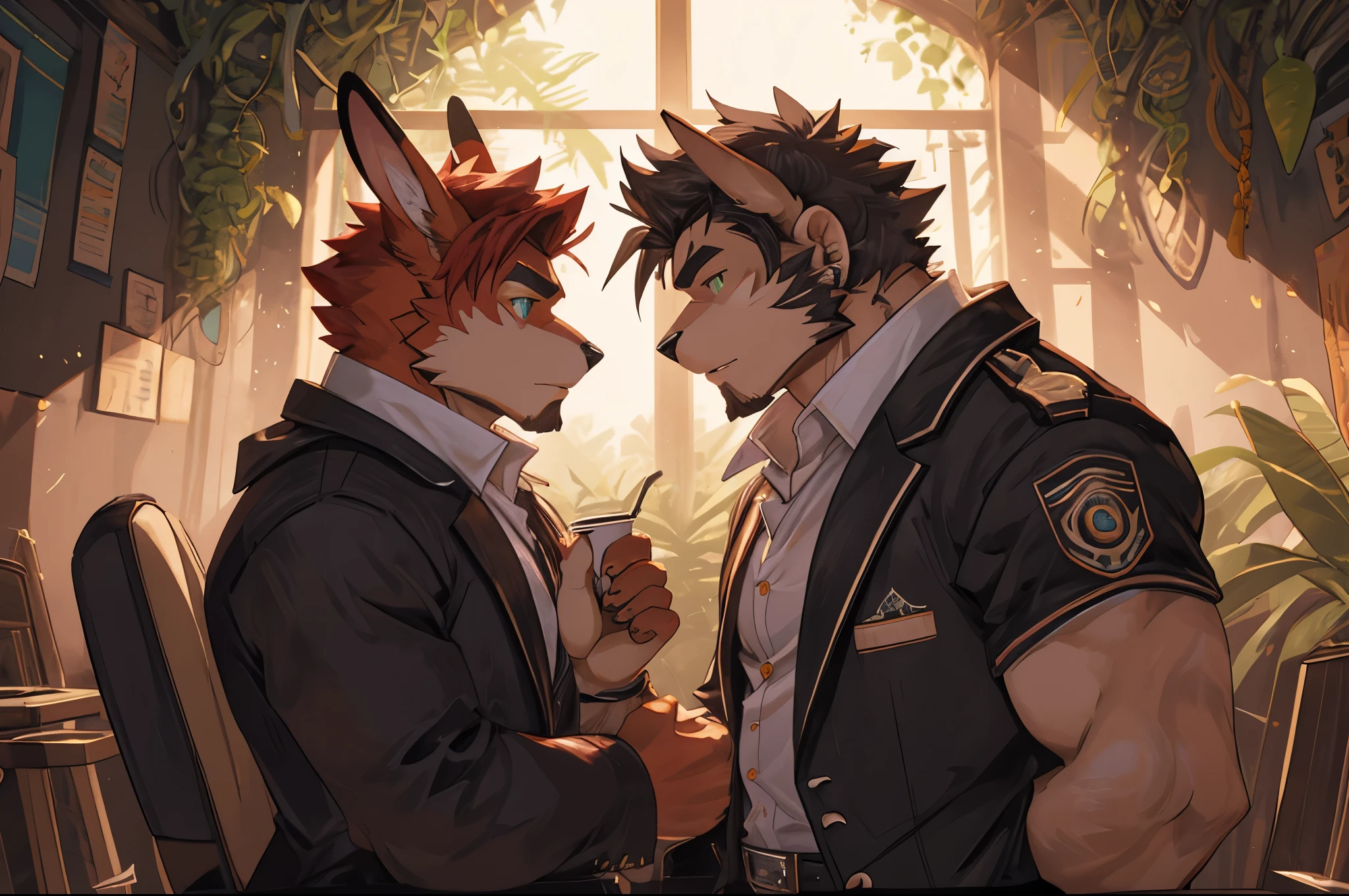 (perfect face, bara furry, rabbit man, big body, cardinal skin, short quiff red hair, green eyes, perfect eyes, big rabbit ears, handsome, at school) with (perfect face, bara furry, rabbit man, big body, light brown skin, short quiff red hair, green eyes, perfect eyes, big rabbit ears, handsome, in jungle)