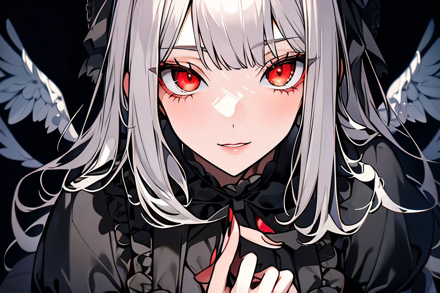 Victorian dresses, delicated eyes, delicated lips, (full heterocromia (a right eye red, a left eye silver))