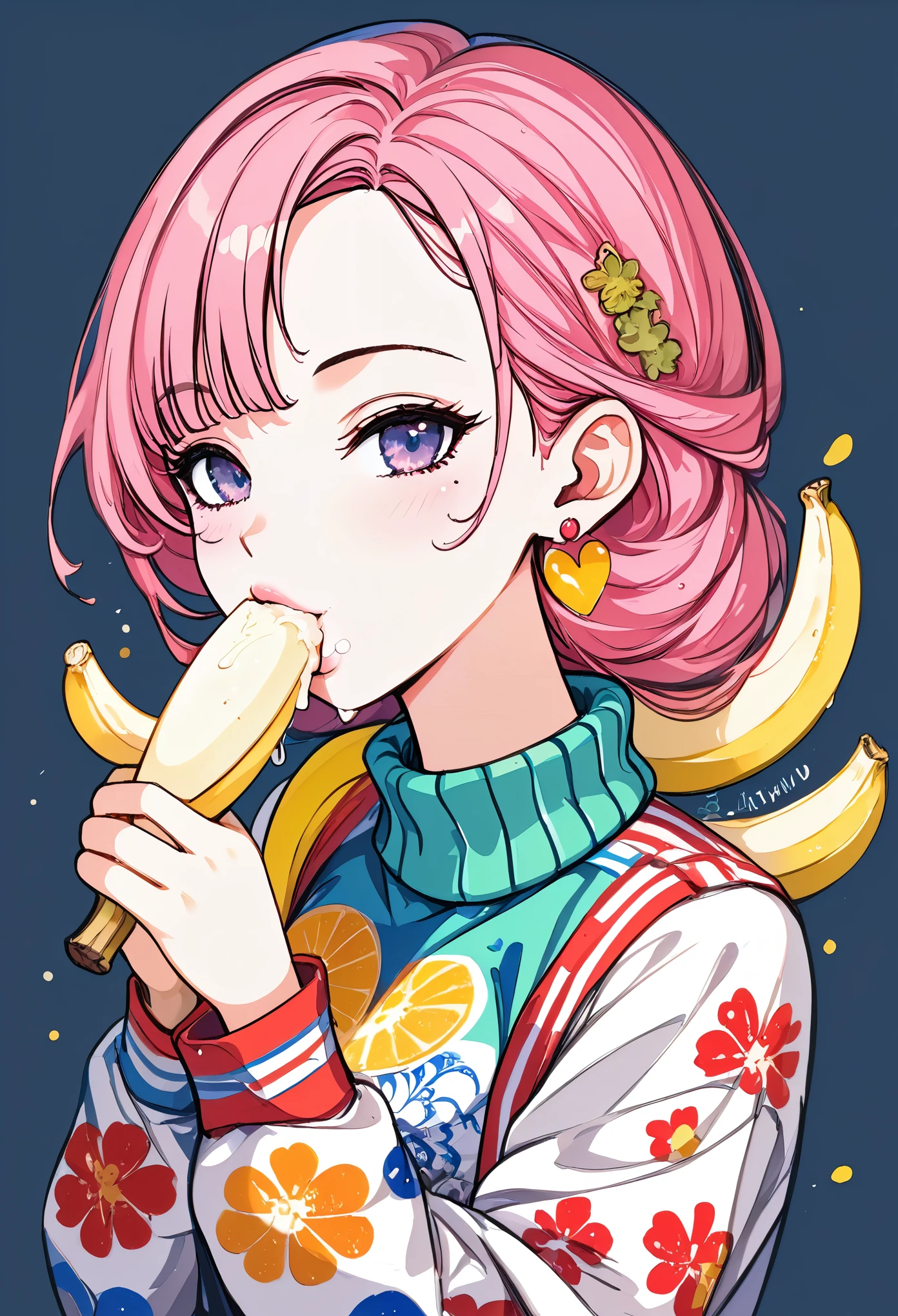 (masterpiece, best quality: 1.2),Barbie doll,，colloid， Sexy eyes，The expression of a kiss，Wet pink and white sexy lips， colloid皮肤，Full figure，earrings（（Watercolor pattern sweater））eating banana，full-body shot