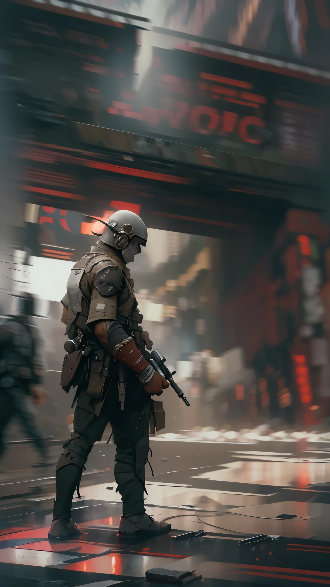 (high quality, 8k, 4K, high contrast, masterpiece: 1.2, 最high quality, best aesthetic), Shibuya crossing, post-apocalyptic, 1 man, focus, intense fight, fighting action pose, ((( Blur effect motion speed: 1.6))), destroyed Tokyo atmosphere, empty street scene, broken neon signs, depressing atmosphere, fast movement, ((motion blur on arms)), shadow assassin, assassinating an enemy , destroyed architecture, blood on the ground, less blood stained, evil energy, cinematic colors, dynamic settings, atmospheric perspective, epic lighting, (1vs1), (desenfundado).