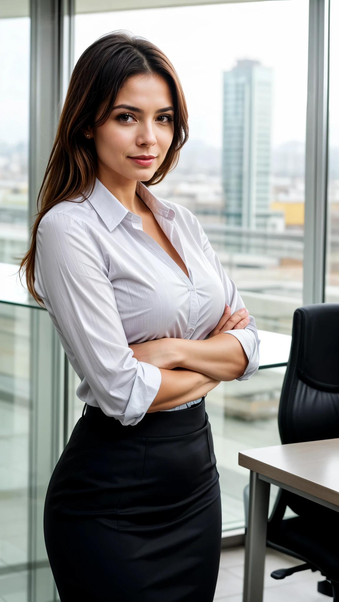 create an image of a business woman 30 with expression of success and confidence, pose de perfil de lado olhando para frente, imagem fundo escuro