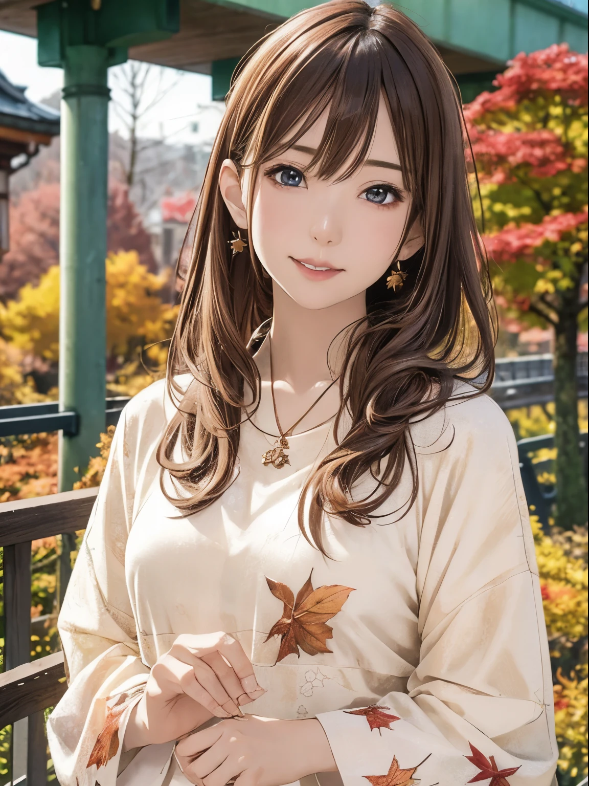 hight resolution,8K,Best Quality,detaileds,semi - realistic anime,Anime 3D Style,Smooth Anime CG,1 girl in,20 year old woman in Japan,slim,modeled,shiny chestnut hair,Medium Hair,Detailed face,Beautiful and detailed eyes,Glowing skin,(layered clothes,Autumn and winter clothes),earring beautiful,a necklace,Winter in Japan,dead wood,leaves falling,Hard Focus、film grains,Soft lighting,the wind,looking at the viewers,A smile,