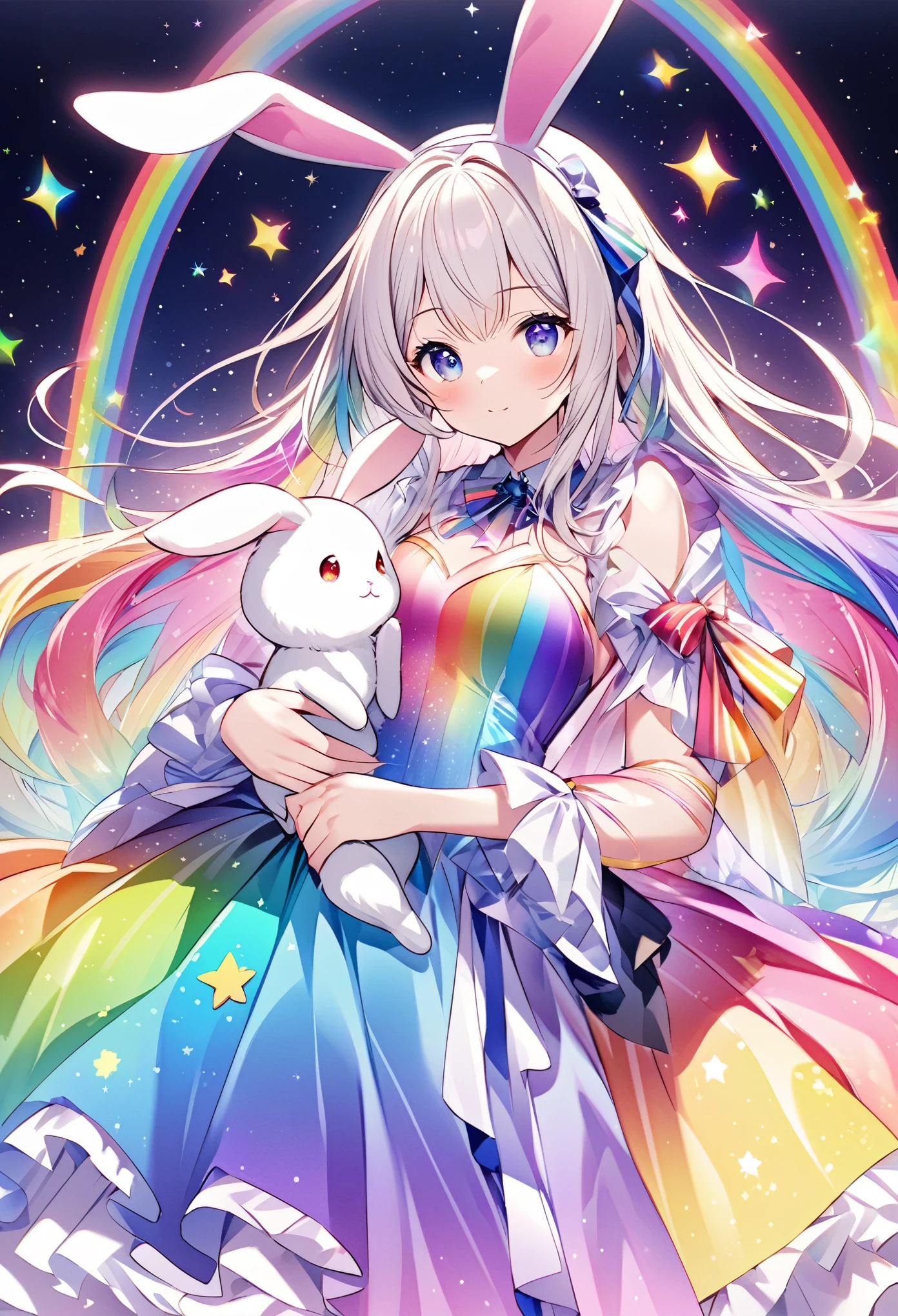 "Create an illustration of a mysterious character holding a white rabbit, She has light-colored hair with ribbons that resemble bunny ears.. Characters are shiny, A rainbow-colored blouse that reflects different colors. The background must be a celestial object, The starry sky transforms into a vibrant rainbow spectrum, Creates a mysterious and magical atmosphere."
