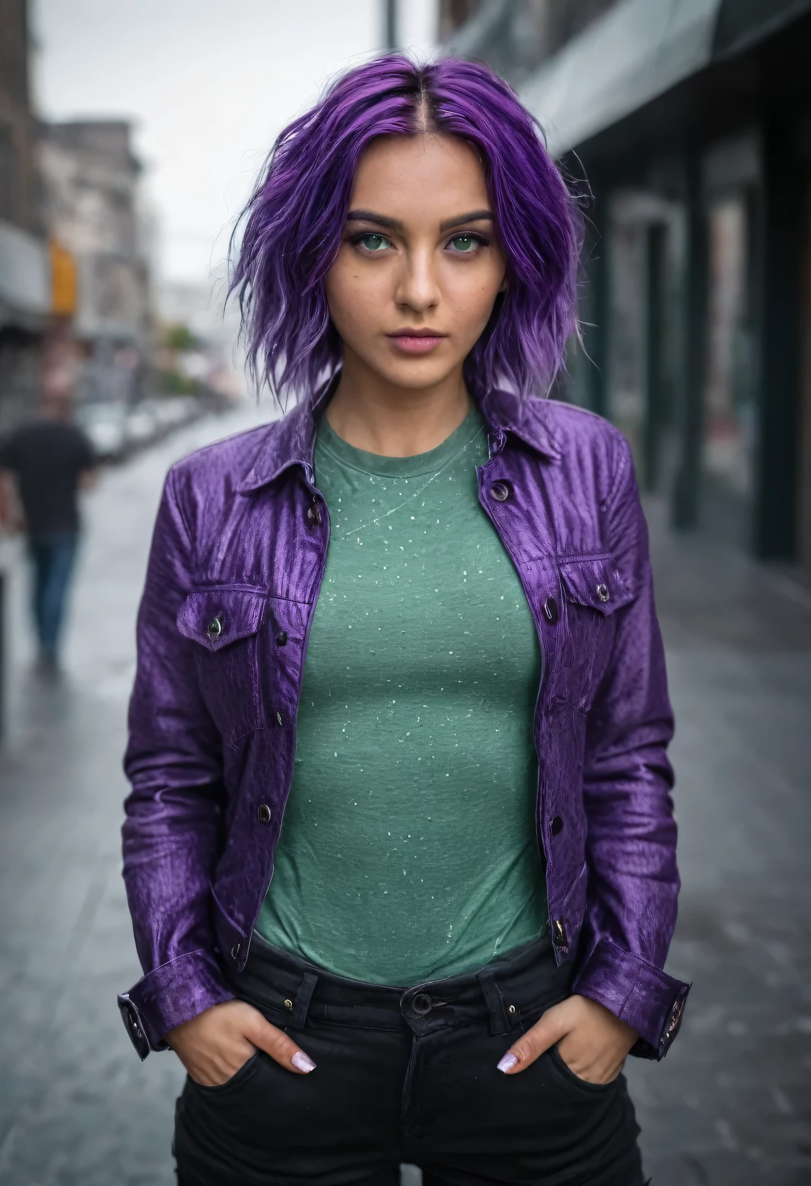 (three-quarter shot, camera SONY A7S III, len 18mm, f1.6.). Dynamic body pose, hands on pockets. woman, beauty, green hair, purple eyes, wearing trendy modern urban clothes. Pikles, perfect eyes, sparking purple eyes, perfecteyes, detailed skin, intricate details, random  waterdrops on her face, hair and clothes, intense. High quality, Hyperdetailed, depth of field, Ambient Light, Movie Still, Film Still, Cinematic, Cinematic Shot, Cinematic Lighting, award-winning photography, perfect composition, ambient occlussion, 64K UHD.