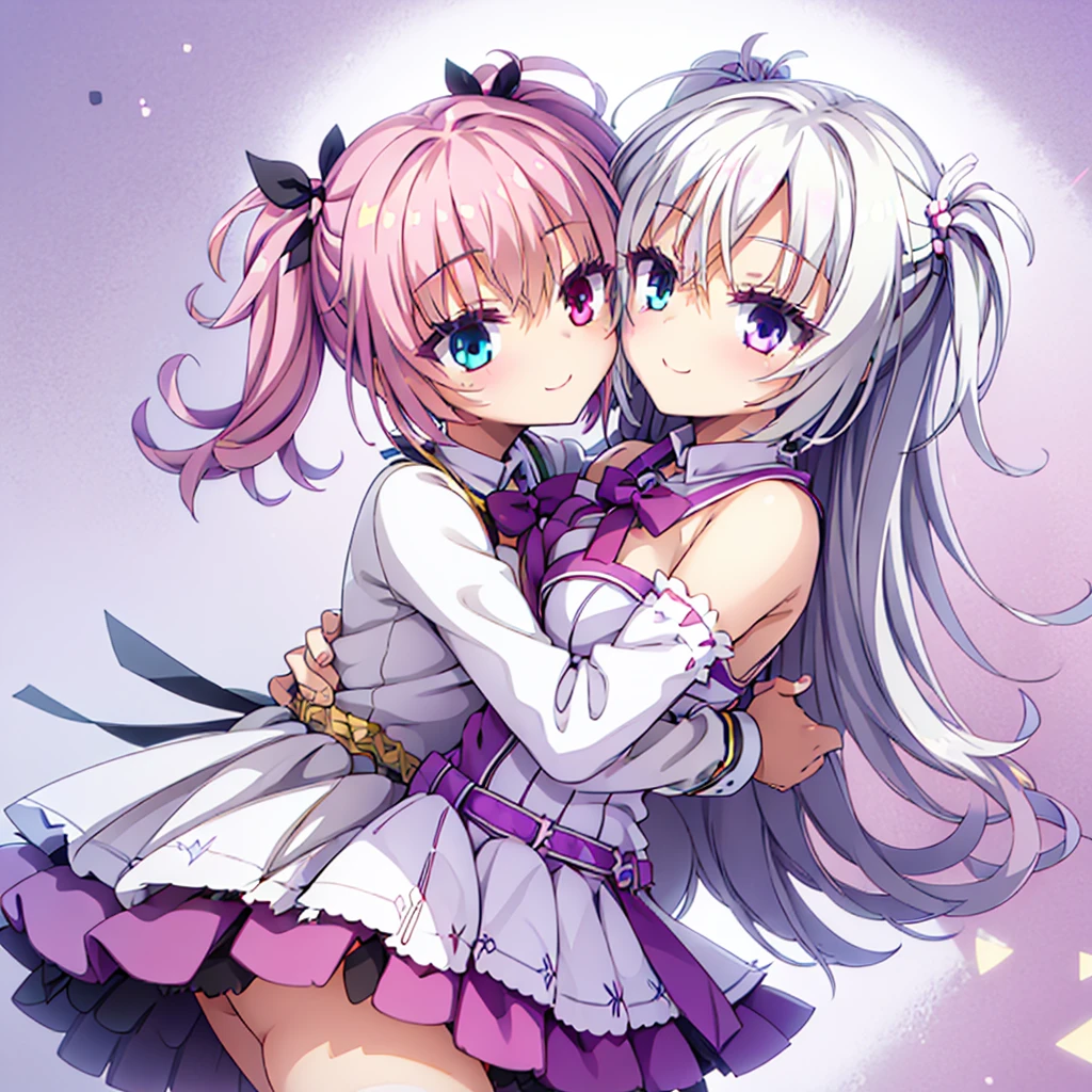 Two girls,Twin-tailed,Chest to chest,hug,Heterochromia,magical girl costume,evil smile,White background,Top image quality,Best Quality