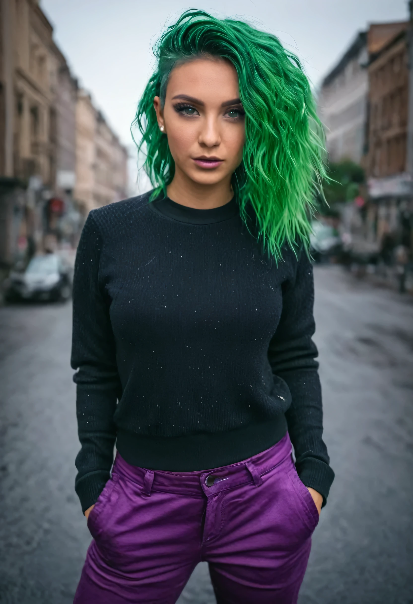 (three-quarter shot, camera SONY A7S III, len 18mm, f1.6.). Dynamic body pose, hands on pockets. woman, beauty, green hair, purple eyes, wearing trendy modern urban clothes. Pikles, perfect eyes, sparking purple eyes, perfecteyes, detailed skin, intricate details, random waterdrops on her face, hair and clothes, intense. High quality, Hyperdetailed, depth of field, Ambient Light, Movie Still, Film Still, Cinematic, Cinematic Shot, Cinematic Lighting, award-winning photography, perfect composition, ambient occlussion, 64K UHD.