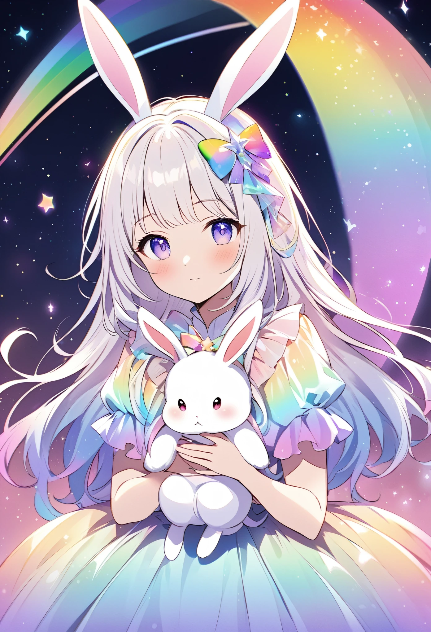 "Create an illustration of a mystical character holding a white rabbit, with light-colored hair adorned with a bow resembling rabbit ears. The character is wearing a shiny, iridescent blouse that reflects various colors. The background should be a celestial, starry sky transitioning into a vibrant rainbow spectrum, giving off an ethereal and magical vibe."
