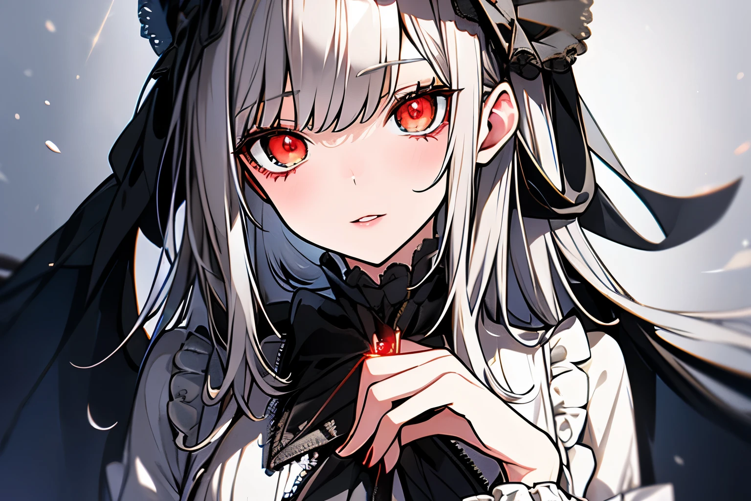 Victorian dresses, delicated eyes, delicated lips, (full heterocromia (a right eye red, a left eye silver))