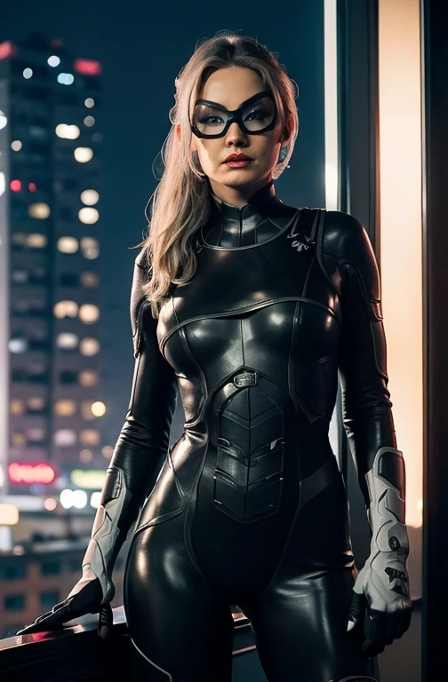 Minka Kelly Black Cat standing at the New York roofs, neon lights, night, red lips, bodysuit, mask, closed mouth, sexy look, open legs, ((gloves with claws)), upper body close portrait, big breast, Porta 160 color, shot on ARRI ALEXA 65, sharp focus, ((highest details, photorealistic, high background details, high face details)), stockings, city landscape, slim and fit body, athletic, little musculus, analog style, hyper detailed movie portrait of gorgeous (syds woman:1.35), ((blue eyes, smooth and clear pupils in the eyes))
