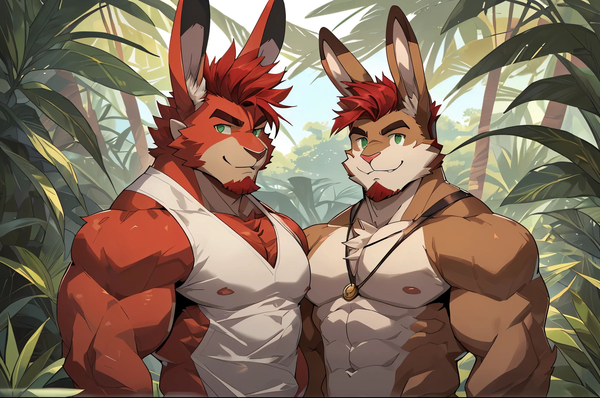 (perfect face, bara furry, rabbit man, big body, cardinal skin, short quiff red hair, green eyes, perfect eyes, big rabbit ears, handsome, at school) with (perfect face, bara furry, rabbit man, big body, light brown skin, short quiff red hair, green eyes, perfect eyes, big rabbit ears, handsome, in jungle)