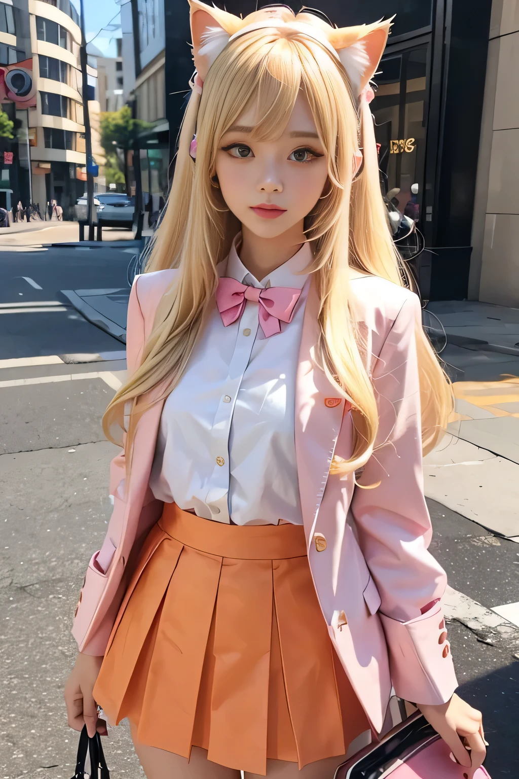 A girl, casual style , long blonde hair, Left bangs, with pink and white suit , orange medium skirt, very detailed faces, (fake cat ears),