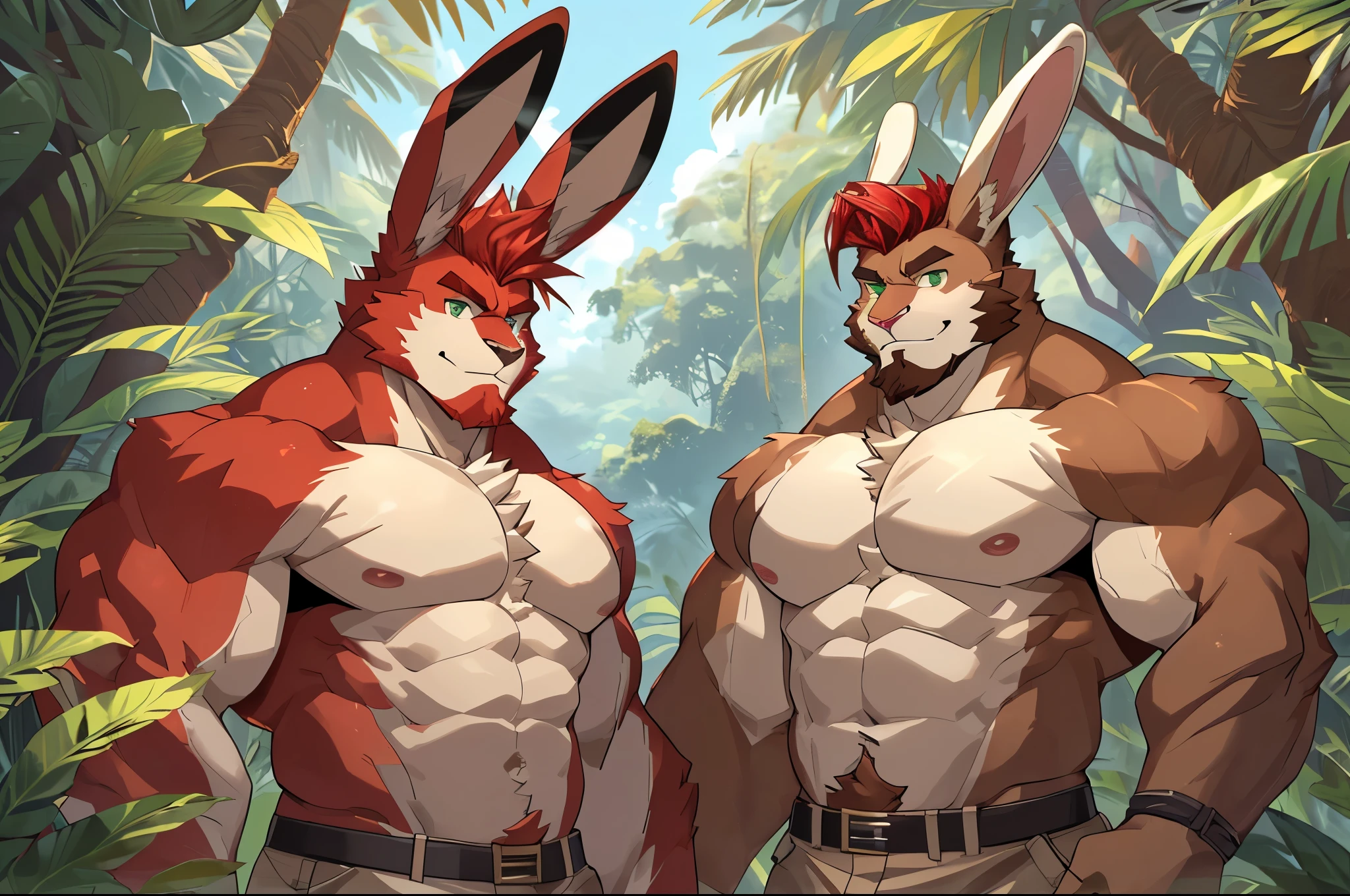 (perfect face, bara furry, rabbit man, big body, cardinal skin, short quiff red hair, green eyes, perfect eyes, big rabbit ears, handsome, at school) with (perfect face, bara furry, rabbit man, big body, light brown skin, short quiff red hair, green eyes, perfect eyes, big rabbit ears, handsome, in jungle)