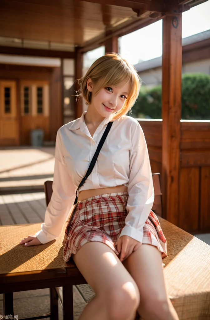 (8k, RAW Photos:1.2),Detailed face and eyes,最high quality, 超A high resolution, Very detailed ,Intricate details ,Tabletop ,pretty girl , Soft cinematic light, Hyper Detail,Sharp focus, high quality, outside,Bobcut,Blonde,Browsing Caution, Smile, zettai ryouiki, Skirt, Sit on a chair, Spread your legs, Showing panties