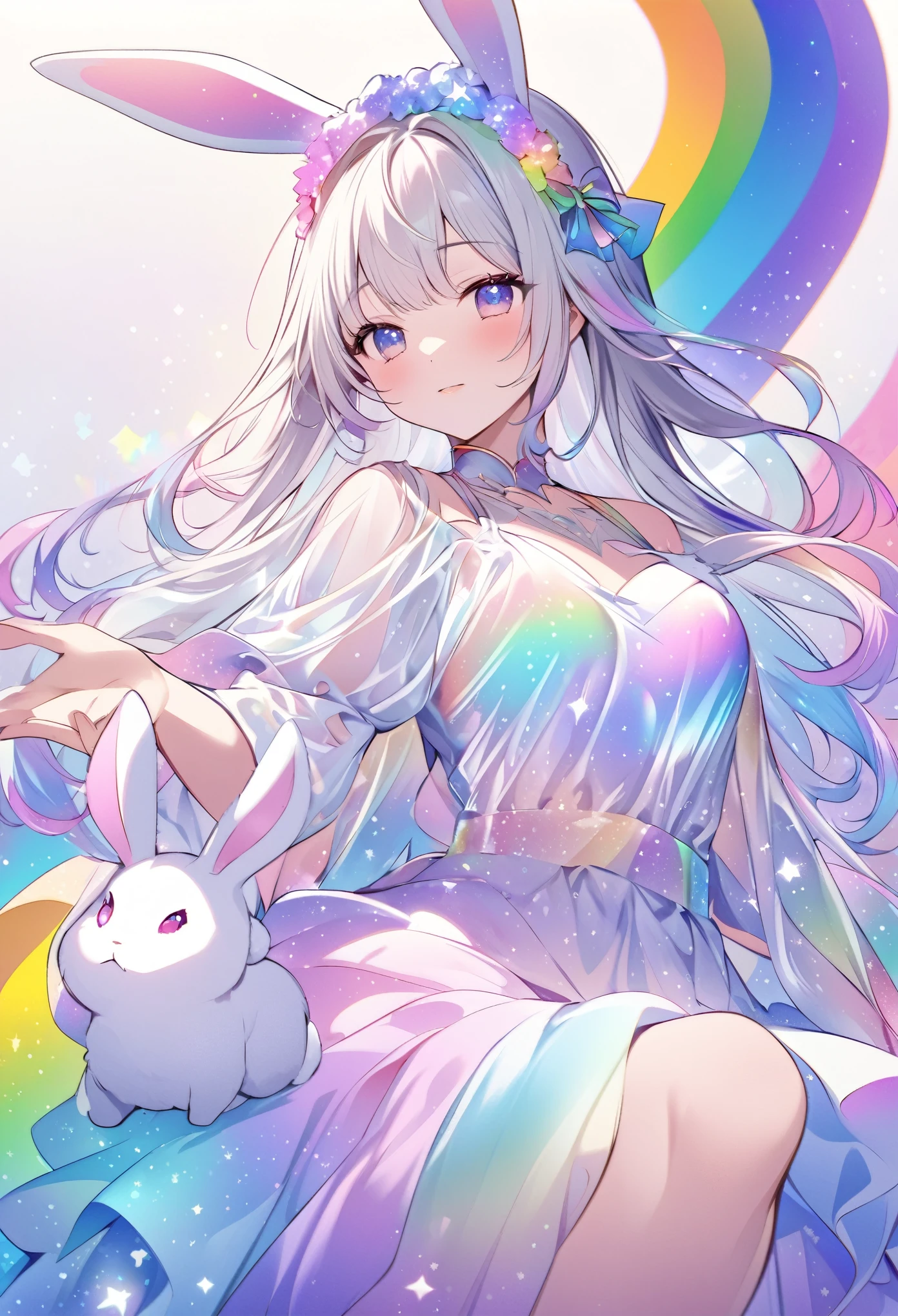"Create an illustration of a mystical character holding a white rabbit, with light-colored hair adorned with a bow resembling rabbit ears. The character is wearing a shiny, iridescent blouse that reflects various colors. The background should be a celestial, starry sky transitioning into a vibrant rainbow spectrum, giving off an ethereal and magical vibe."