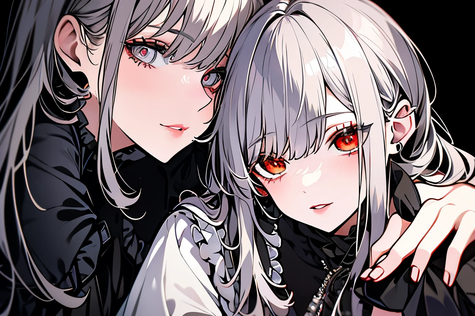 Victorian dresses, delicated eyes, delicated lips, (full heterocromia (a right eye red, a left eye silver))