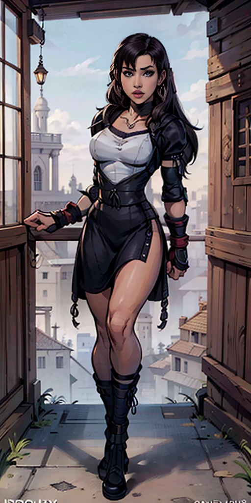 8k, best quality, masterpiece:1.2) (realistic, photo-realistic:1.37) (full body) 1female solo girl, standing, legs apart (wide stance) standing contrapposto, ultra-detailed, cute (Tifa Lockhart) Final Fantasy VII