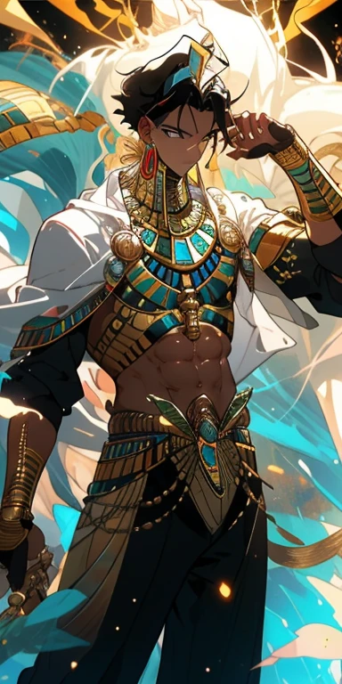 Rosto refinado,(obra-prima,Quoridade superior,melhor qualidade,arte oficial,),melhor qualidade,pixiv,(1 :1.3),Kamimei,cabelos dourados,(ocular vermelho luminoso,homem bonito,((egyptian style)),enfeites de ouro,bandagens,Pharaoh,longo manto branco,golden scepter in hand,pectoral muscle,tanga,Corpo inteiro como