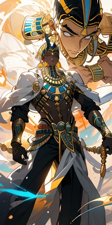 Rosto refinado,(obra-prima,Quoridade superior,melhor qualidade,arte oficial,),melhor qualidade,pixiv,(1 :1.3),Kamimei,cabelos dourados,(ocular vermelho luminoso,homem bonito,((egyptian style)),enfeites de ouro,bandagens,Pharaoh,longo manto branco,golden scepter in hand,pectoral muscle,tanga,Corpo inteiro como