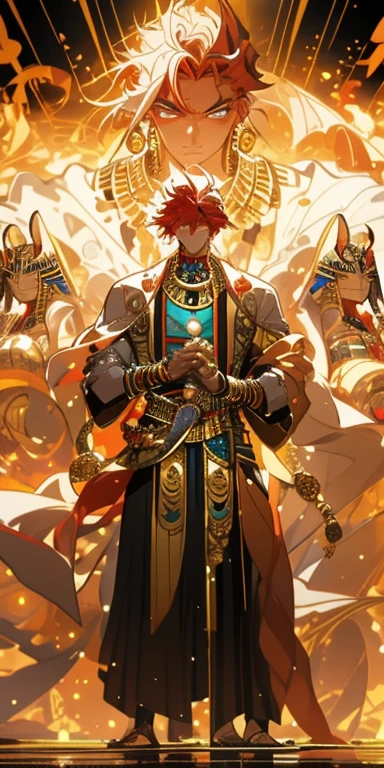 Refined face，（tmasterpiece，top Quority，best qualtiy，offcial art，），best qualtiy，PIXIV，（1boy：1.3），Kamimei，golden hair，（luminous red eyeistic，Handsome man，((egyptian style))，gold ornaments，bandagens，pharoah，long white robe，Golden scepter in hand，chest muscle，Loincloth，Full body like