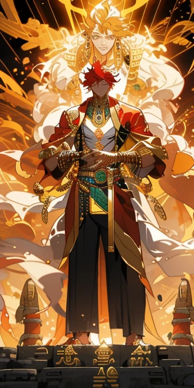 Refined face,(tmasterpiece,top Quority,best qualtiy,offcial art,),best qualtiy,PIXIV,(1boy:1.3),Kamimei,golden hair,(luminous red eyeistic,Handsome man,((egyptian style)),gold ornaments,bandagens,pharoah,long white robe,Golden scepter in hand,chest muscle,Loincloth,Full body like
