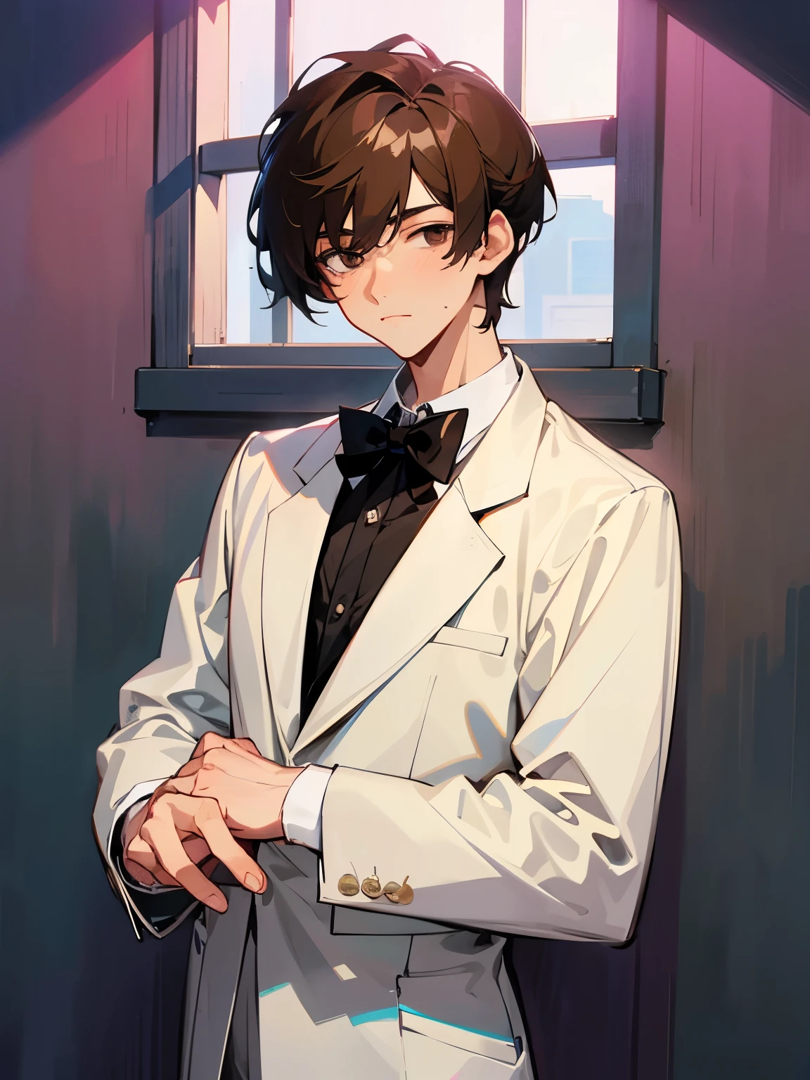 cartoon of a young man standing, with a black loop bow tie, ddlc, in the art style of 8 0 s anime, 9 0 s anime style, 90s anime style, in anime style, in an anime style, anime aesthetic, anime vibes, 9 0 s anime aesthetic, 9 0 s anime art style, lofi boy, typical anime street background, beautiful background window, one young man, beautiful face, young man, don't extra hands, NO extra hands, generate a young man with NO extra hands, NO extra arm, white shirt, tired eyes, beautiful tired eyes, brown short hair, brown hair, short hair, dark eyes, beautiful tired dark eyes, cute anime young man, based on Francis Mosses from that's not my neighbor, Francis Mosses the milkman, Francis Mosses the milkman from that's not my neighbor, beautiful face, sexy face, pretty pose, beautiful body, beautiful sexy young man