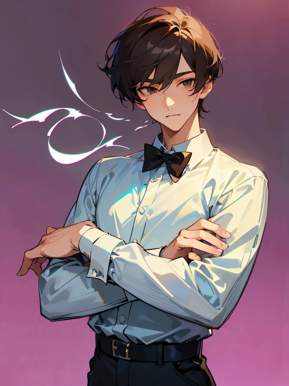 cartoon of a young man standing, with a black loop bow tie, ddlc, in the art style of 8 0 s anime, 9 0 s anime style, 90s anime style, in anime style, in an anime style, anime aesthetic, anime vibes, 9 0 s anime aesthetic, 9 0 s anime art style, lofi boy, typical anime street background, beautiful background window, one young man, beautiful face, young man, don't extra hands, NO extra hands, generate a young man with NO extra hands, NO extra arm, white shirt, tired eyes, beautiful tired eyes, brown short hair, brown hair, short hair, dark eyes, beautiful tired dark eyes, cute anime young man, based on Francis Mosses from that's not my neighbor, Francis Mosses the milkman, Francis Mosses the milkman from that's not my neighbor, beautiful face, sexy face, pretty pose, beautiful body, beautiful sexy young man 