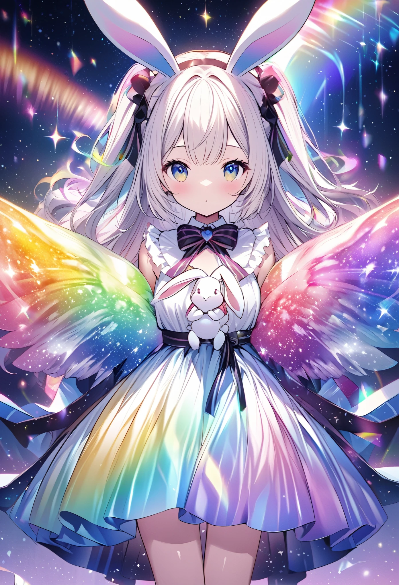 "Create an illustration of a mysterious character holding a white rabbit, She has light-colored hair with ribbons that resemble bunny ears.. Characters are shiny, A rainbow-colored blouse that reflects different colors. The background must be a celestial object, The starry sky transforms into a vibrant rainbow spectrum, Creates a mysterious and magical atmosphere."
