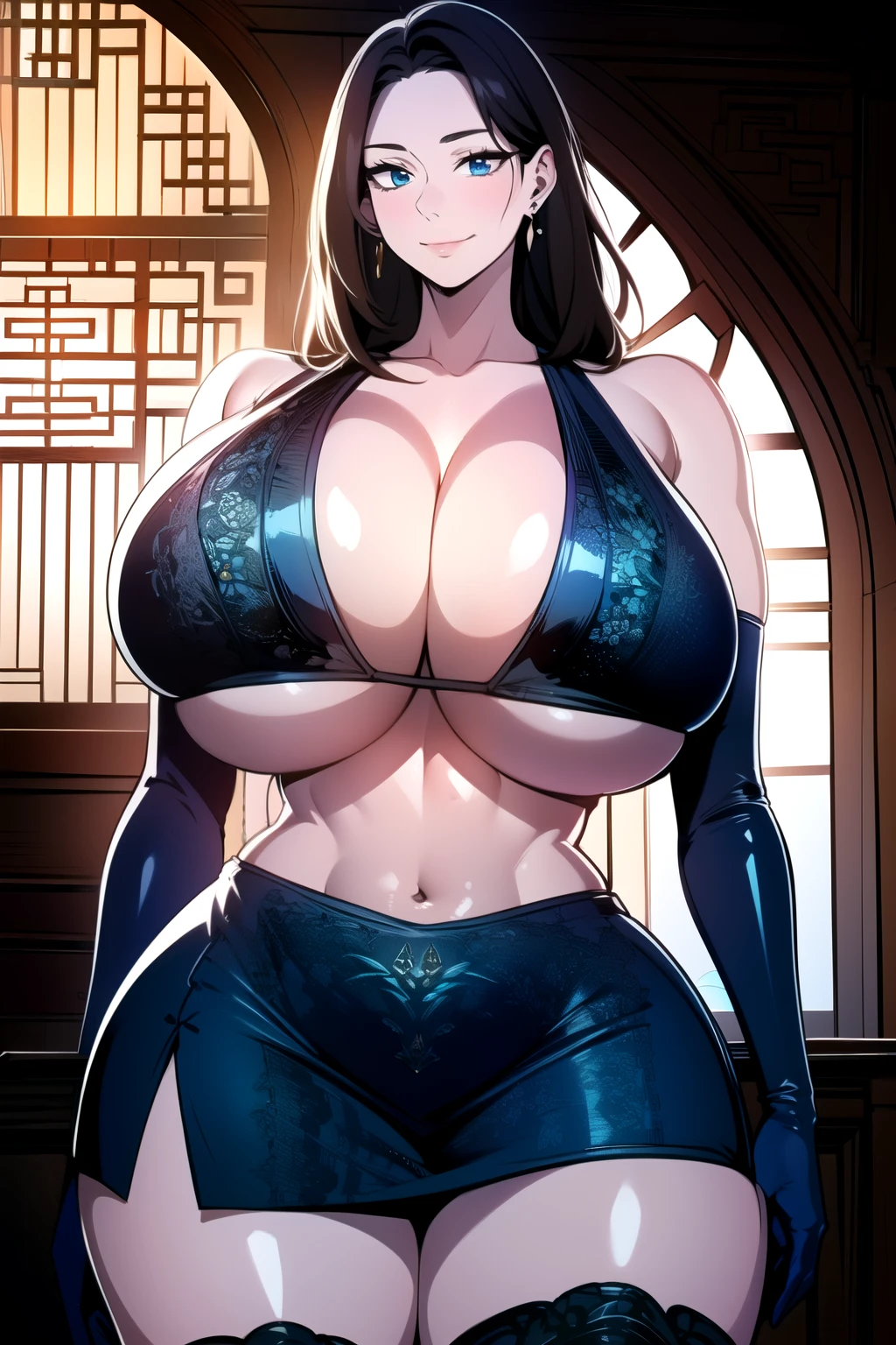 ultra realistic 8k cg, masterpiece, ((ultra detailed background, intricate detail, highly detailed, fine details best quality, hyperdetailed face)), gigantic breasts ,beautiful lighting, absurdres, NicoRobinV3, 1girl, solo, black hair, long hair, jewelry, closed mouth, ), cleavage, (chinese dress : 1.1), (underboob : 1.4), elbow gloves, thigh boots, miniskirt, bare shoulders,, bare shoulders, curvy, midriff, curvy, thighs, shiny clothes), blue eyes, complex detailed background, indoor, palace), ((cowboy shot)), curvy, (gigantic breasts: 1.4), seductive smile, cowboy shot, earrings, jewelry