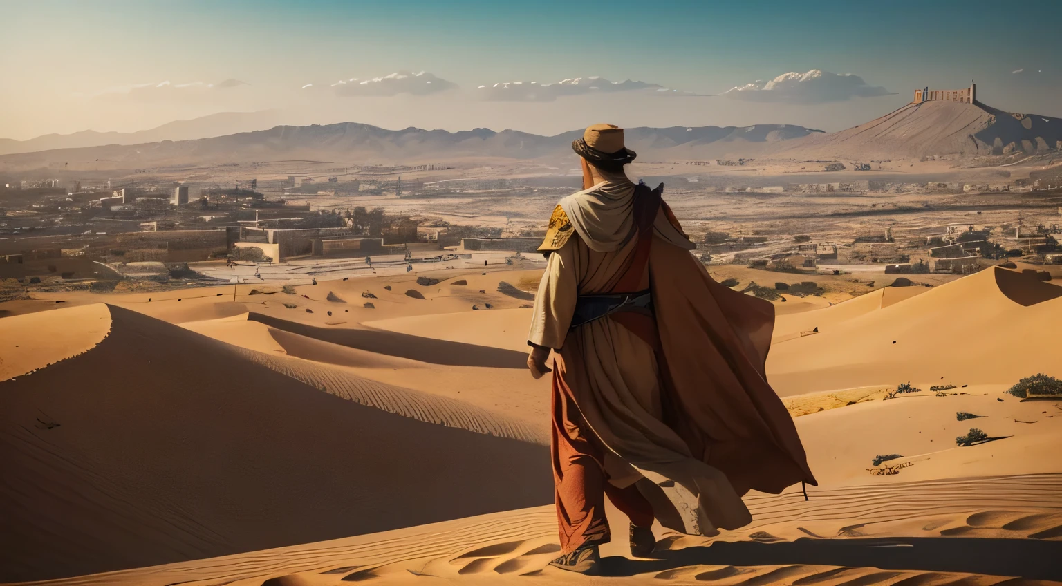 Make an image with the title "O JEJUM DE DANIEL". The illustration shows a Jew in a desert setting, and there the city of Jerusalem on the horizon. He is dressed in old clothes, an old and dirty tunic., with a serious and determined look. The illustration is vibrantly colored and detailed.