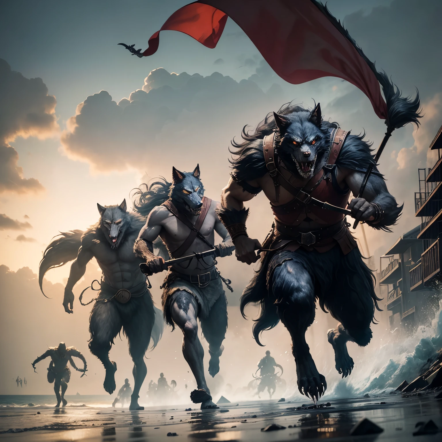 (werewolves running on foot toward observer), wielding axes and swords, ready to kill, beach landing, naval invasion, medieval war scene, Medieval landscape, better quality, primitive, (ultra detailed, high precision parts)), Photo texture, realism, tender and smooth, The picture is clear