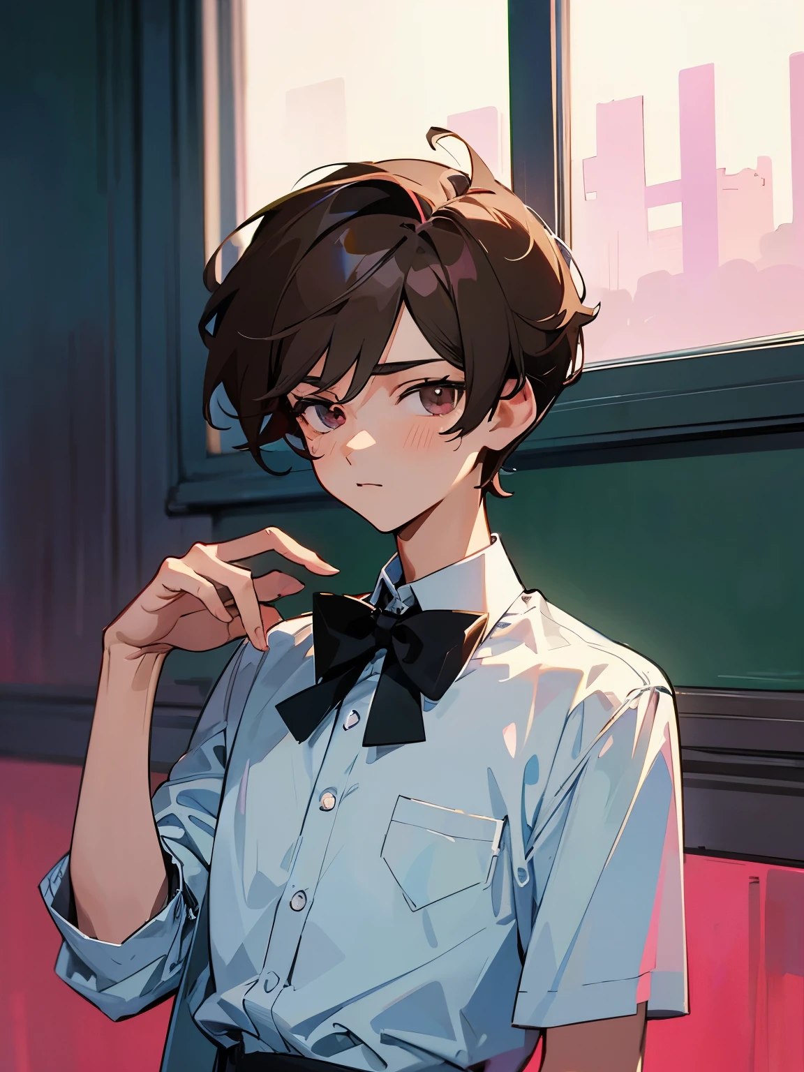 cartoon of a young man standing, with a black loop bow tie, ddlc, in the art style of 8 0 s anime, 9 0 s anime style, 90s anime style, in anime style, in an anime style, anime aesthetic, anime vibes, 9 0 s anime aesthetic, 9 0 s anime art style, lofi boy, typical anime street background, beautiful background window, one young man, beautiful face, young man, don't extra hands, NO extra hands, generate a young man with NO extra hands, NO extra arm, white shirt, tired eyes, beautiful tired eyes, brown short hair, brown hair, short hair, dark eyes, beautiful tired dark eyes, cute anime young man, based on Francis Mosses from that's not my neighbor, Francis Mosses the milkman, Francis Mosses the milkman from that's not my neighbor, beautiful face, sexy face, pretty pose, beautiful body, beautiful sexy young man