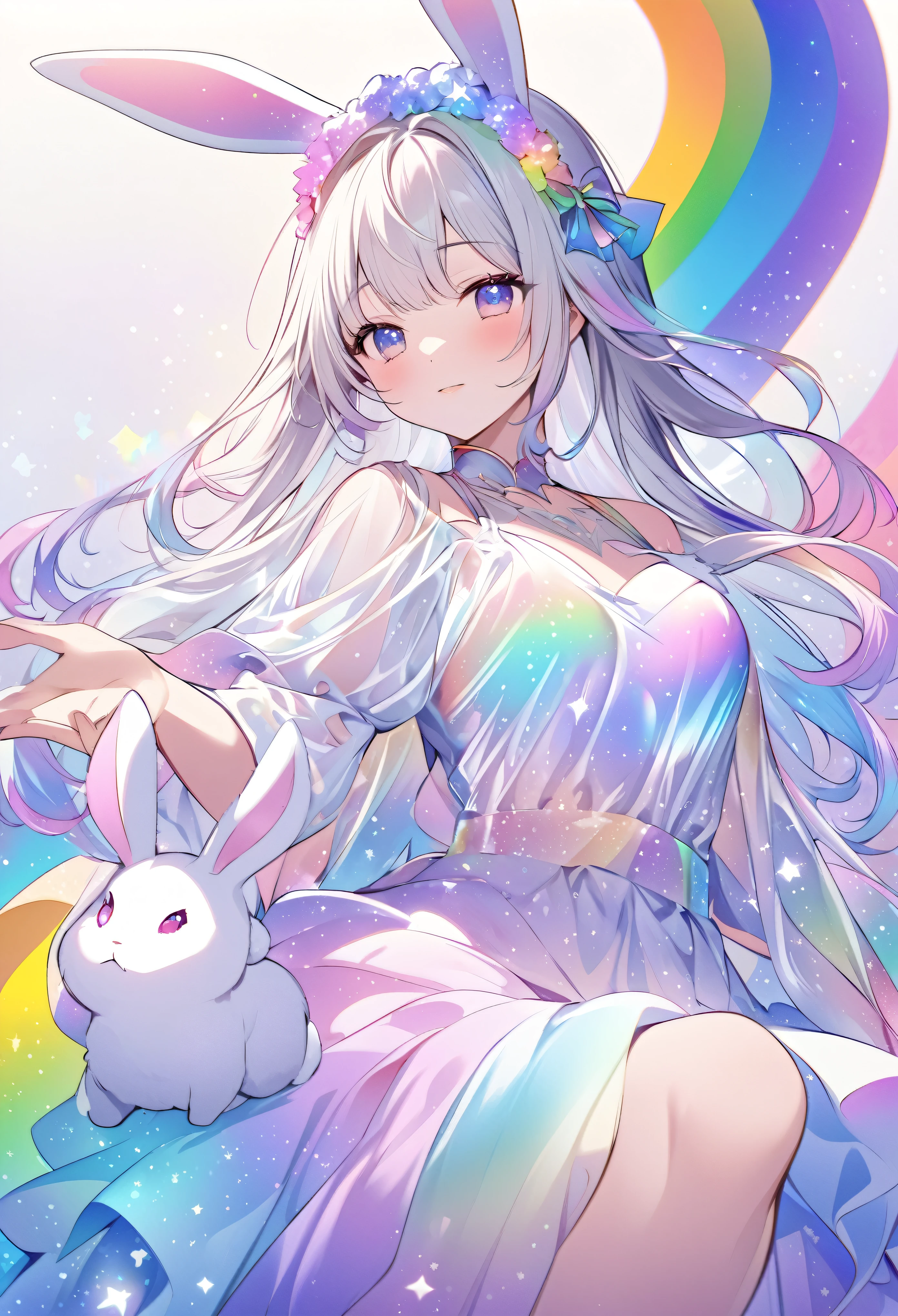 "Create an illustration of a mystical character holding a white rabbit, with light-colored hair adorned with a bow resembling rabbit ears. The character is wearing a shiny, iridescent blouse that reflects various colors. The background should be a celestial, starry sky transitioning into a vibrant rainbow spectrum, giving off an ethereal and magical vibe."