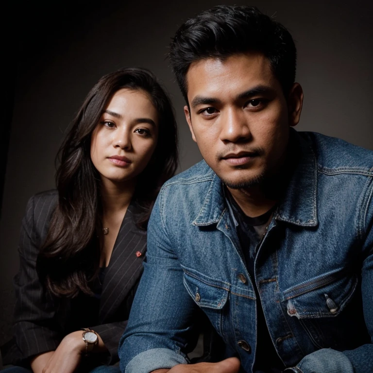 (8K, RAW Photos, selfie Photography, Highest Quality, Intricate Details), Medium shot of a 30 year old indonesian man, kinda fat muscle, nature skin, very short hair, wearing a jeans jacket, side by side with a 25 year old indonesian woman with long hair, wearing blazer clothes, eye to camera, in the photo studio, sitting, with black background and a cross