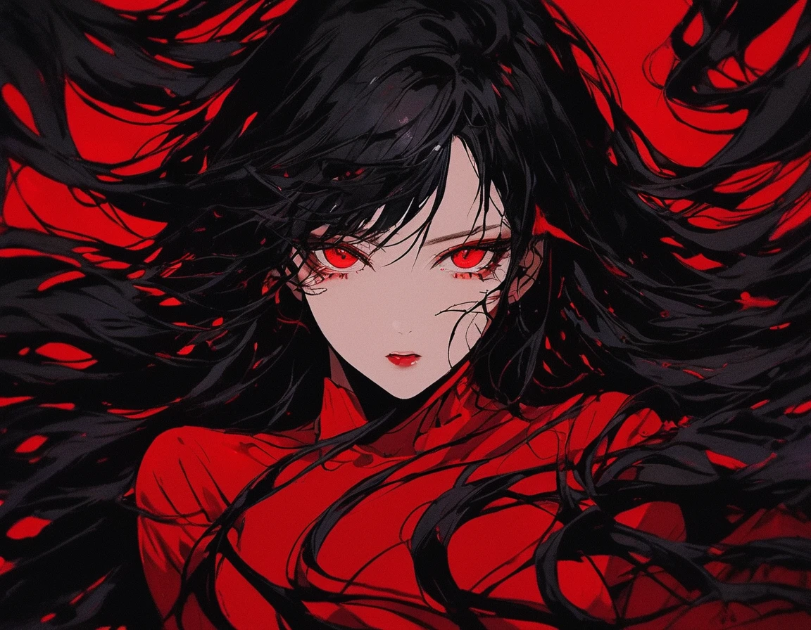Una chica de cabello negro largo suelto, crimson red eyes. Labial rojo intenso, sombra de ojos roja , Cuerpo completo pechos muy grandes demonio, cuerpo completo completo desnuda acostada en la cama