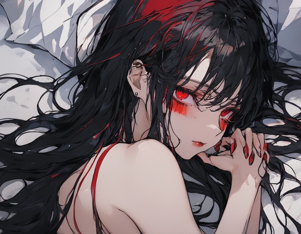Una chica de cabello negro largo suelto, crimson red eyes. Labial rojo intenso, sombra de ojos roja , Cuerpo completo pechos muy grandes demonio, cuerpo completo completo desnuda acostada en la cama