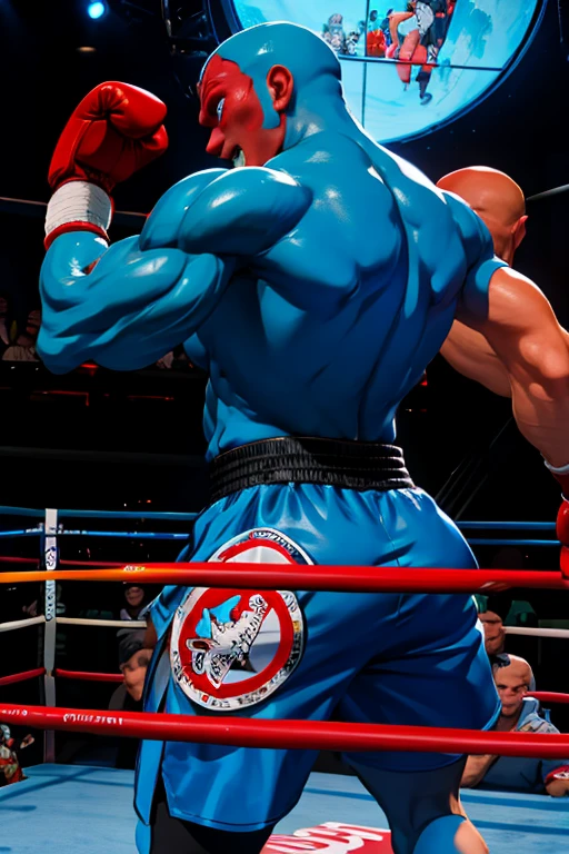  Boxing ring; blue oni, red oni, fighting. Men punching each other with gloved fists