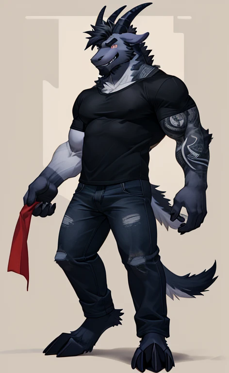 A black "goat", full body, red eyes, hair fog black, grin, smuggle, jeans and black shirt. Anthropomorphic, furry character, character design, goat character