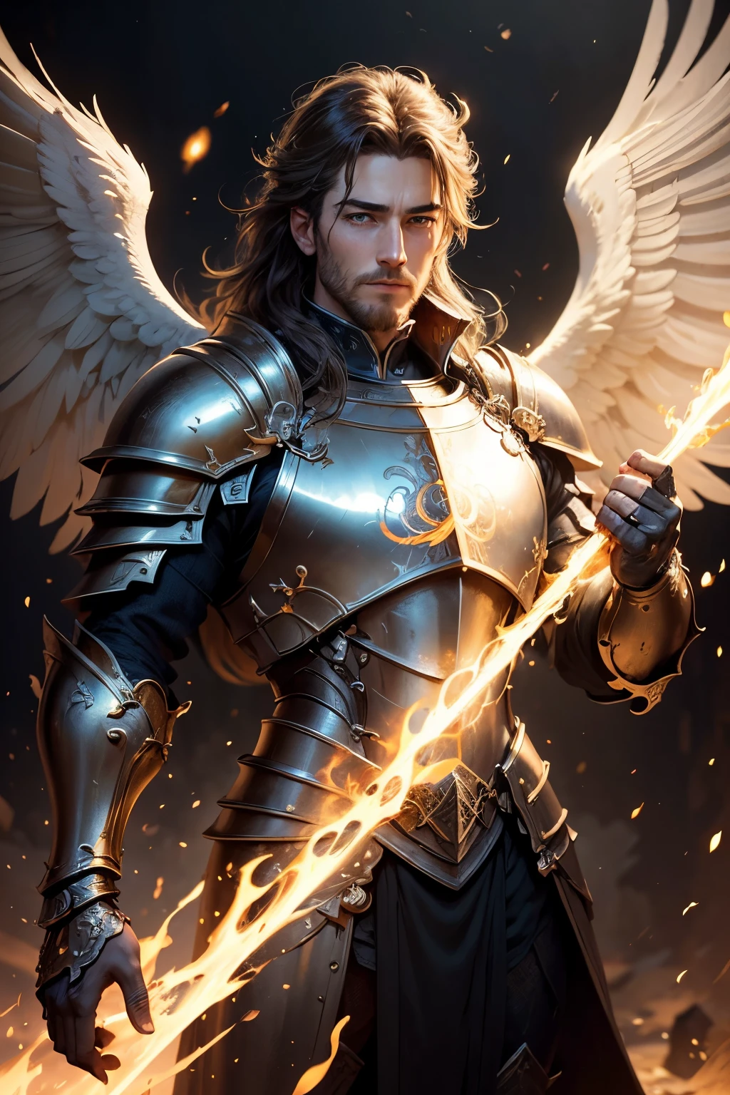 ((Best quality)), ((masterpiece)), ((realistic cartoon)), ((perfect character)), ((portrait)): Angelic Male crusader,heavy armor, flag. The scene is set in a thematically rich environment. The lighting, crafted with a cinematic touch, emphasizing aura surrounding the genius happy discovery.

Every element of this masterpiece is carefully designed to create a sense of realism and immersion. The intricacies of the genius clothes, the mesmerizing effects of his power, and the level of detail in his happy face all contribute to a captivating visual experience. This artwork is presented in stunning UHD resolution, allowing you to appreciate every nuance and intricacy in breathtaking detail.
Portrait, scenic, masterpiece,mtg art,magic the gathering art.