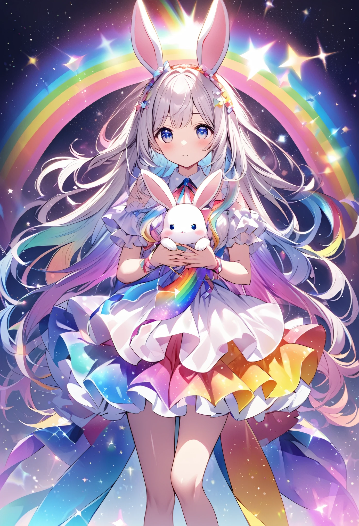 "Create an illustration of a mysterious character holding a white rabbit, She has light-colored hair with ribbons that resemble bunny ears.. Characters are shiny, A rainbow-colored blouse that reflects different colors. The background must be a celestial object, The starry sky transforms into a vibrant rainbow spectrum, Creates a mysterious and magical atmosphere."