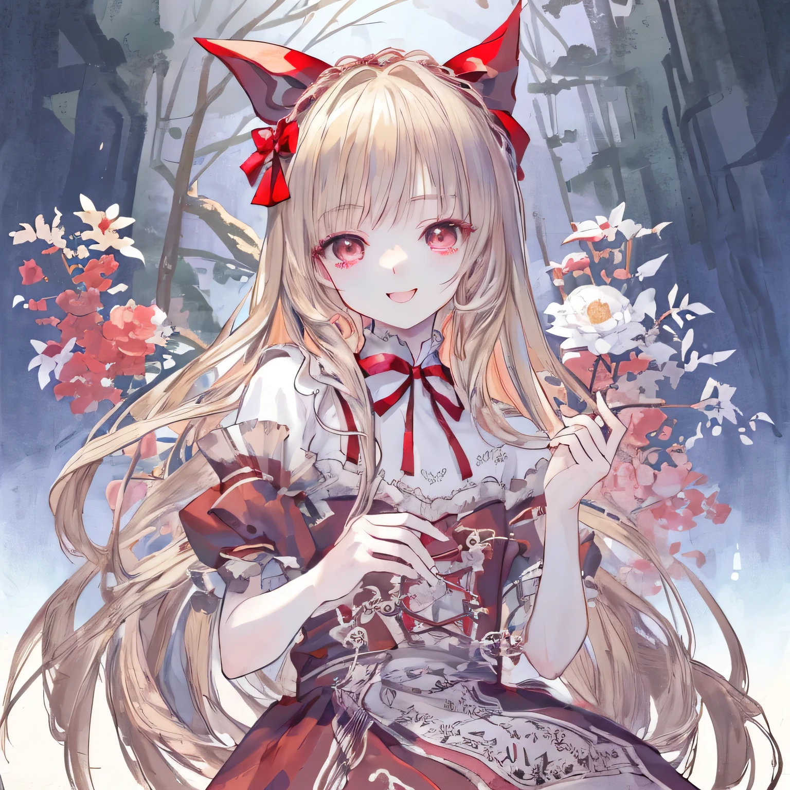 masterpiece: 1.7, highest quality、(Extremely detailed CG、Ultra-detailed、Best Shadow:1.1)、solo、Picturesque、sketch、Paper Texture、超A high resolution、Highly detailed face、Highly detailed eyes、Flat Color、Limited palette、Low contrast、Best lighting、Realistic、Alice in Wonderland、Red ribbon on head、Red clothes、cute、Laugh a lot、Laughing with your mouth open、Beautiful woman、Light Smile、Blanche:1、(Tangle、Mandala、Tangle、Intertwined:0.8)