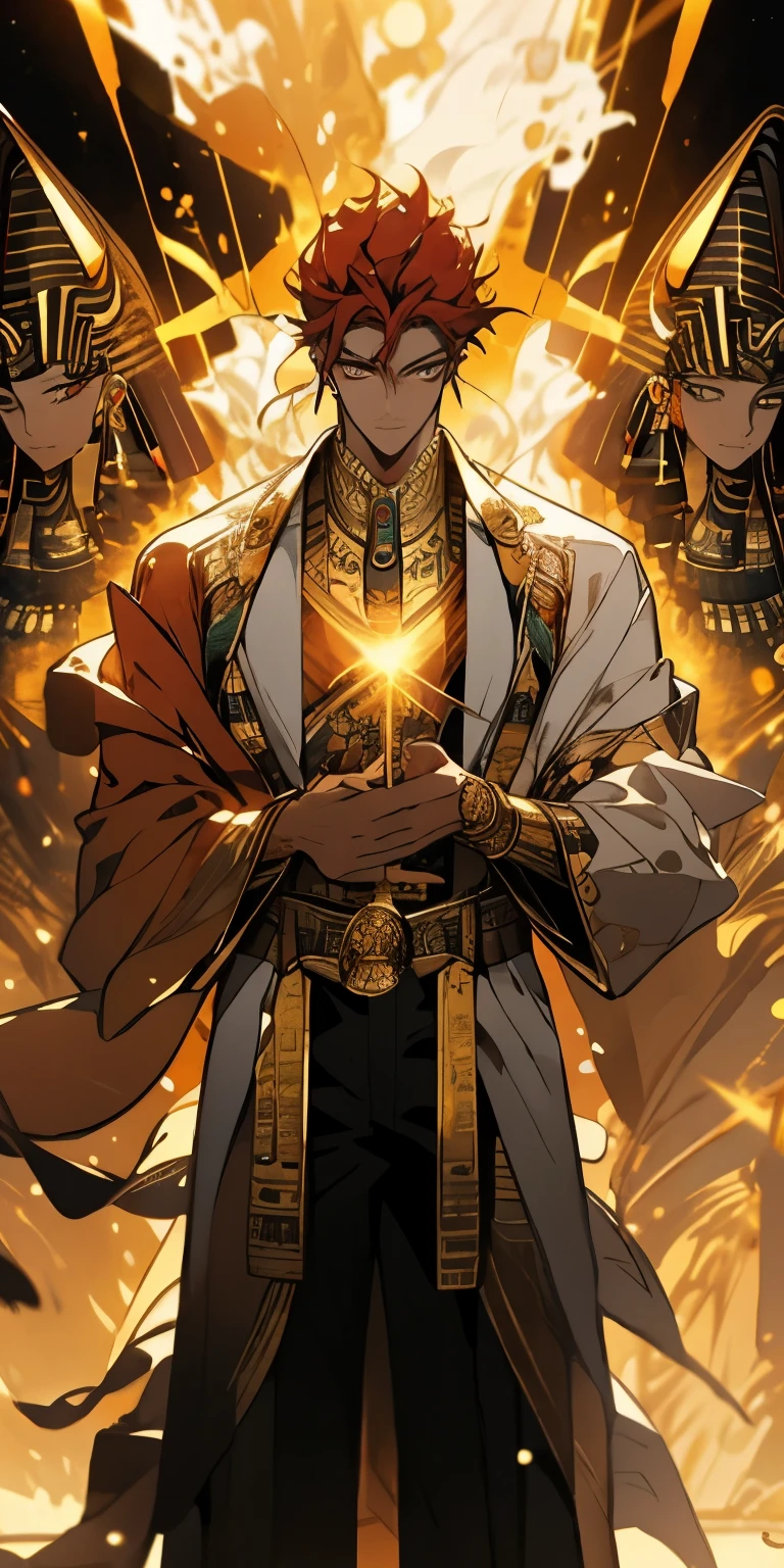 Refined face,(tmasterpiece,top Quority,best qualtiy,offcial art,),best qualtiy,PIXIV,(1boy:1.3),Kamimei,golden hair,(luminous red eyeistic,Handsome man,((egyptian style)),gold ornaments,bandagens,pharoah,long white robe,Golden scepter in hand,chest muscle,Loincloth,Full body like