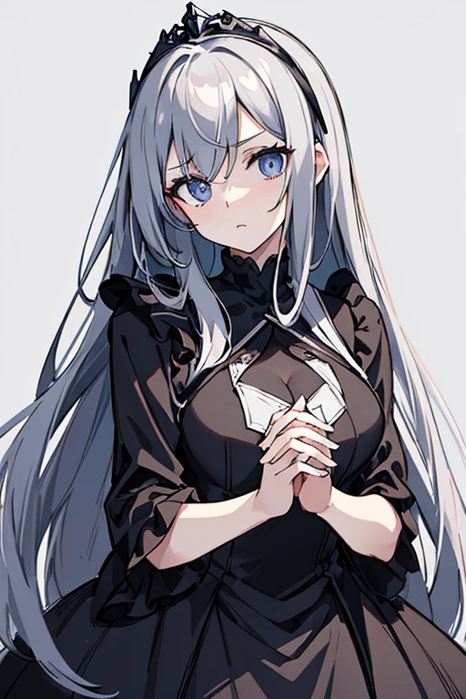 masterpiece, best quality, portrait, 1 adult woman, black background with a gray gradient from the bottom, long hair, clothes are a tight dress, white light comes from above, holds her hands behind her head, looks straight at the camera, Style is a black and white sketch image, she wears a tiara and has royal decorations, serious and cold eyes,