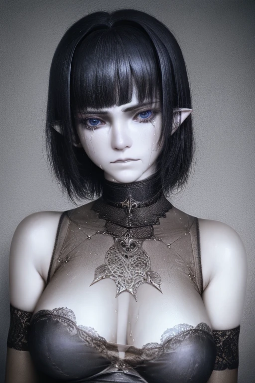 realistic epic, Woman crying with (goat horns 1. 2), sad look, deeply sad facial expression, red and swollen eyes, furrowed eyebrows, red nose, wet cheek, half-open mouth (blood tears 1. 2), (bloodstains on face 1. 4), (dark shot: 1. 4), black hair, beautiful detailed eyes and ears, dramatic lighting, painting style, Gothic art, black eyes, by French painter Alexandre Cabanel, oil painting, (realistic details), (poor peasant clothes 1. 2), veil, neckline, (bare shoulders), gothic lighting, old gothic cathedral background, dim lighting, gloomy