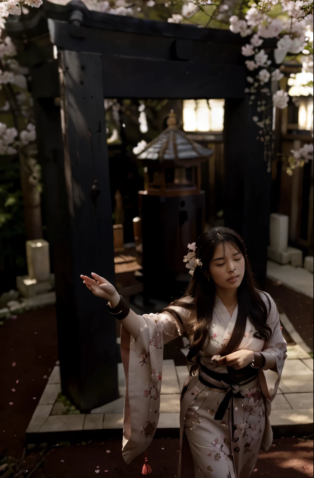 (Best quality, 8k, 32k, Masterpiece, UHD:1.2) Transform the setting into the majestic Grand Narukami Shrine from Genshin Impact, surrounded by a sea of Sakura Trees in full bloom. Picture the ethereal pink petals drifting gently on the breeze, creating a breathtaking canopy above the shrine's ancient architecture. The air is filled with the sweet fragrance of cherry blossoms, while the soft sunlight filters through the delicate branches, casting a warm glow over the serene surroundings. As you stand before the shrine, you can't help but feel a sense of reverence and awe at the beauty of nature and the tranquility of this sacred place. ((Japense Shrine)) ((Cherry Blossom))