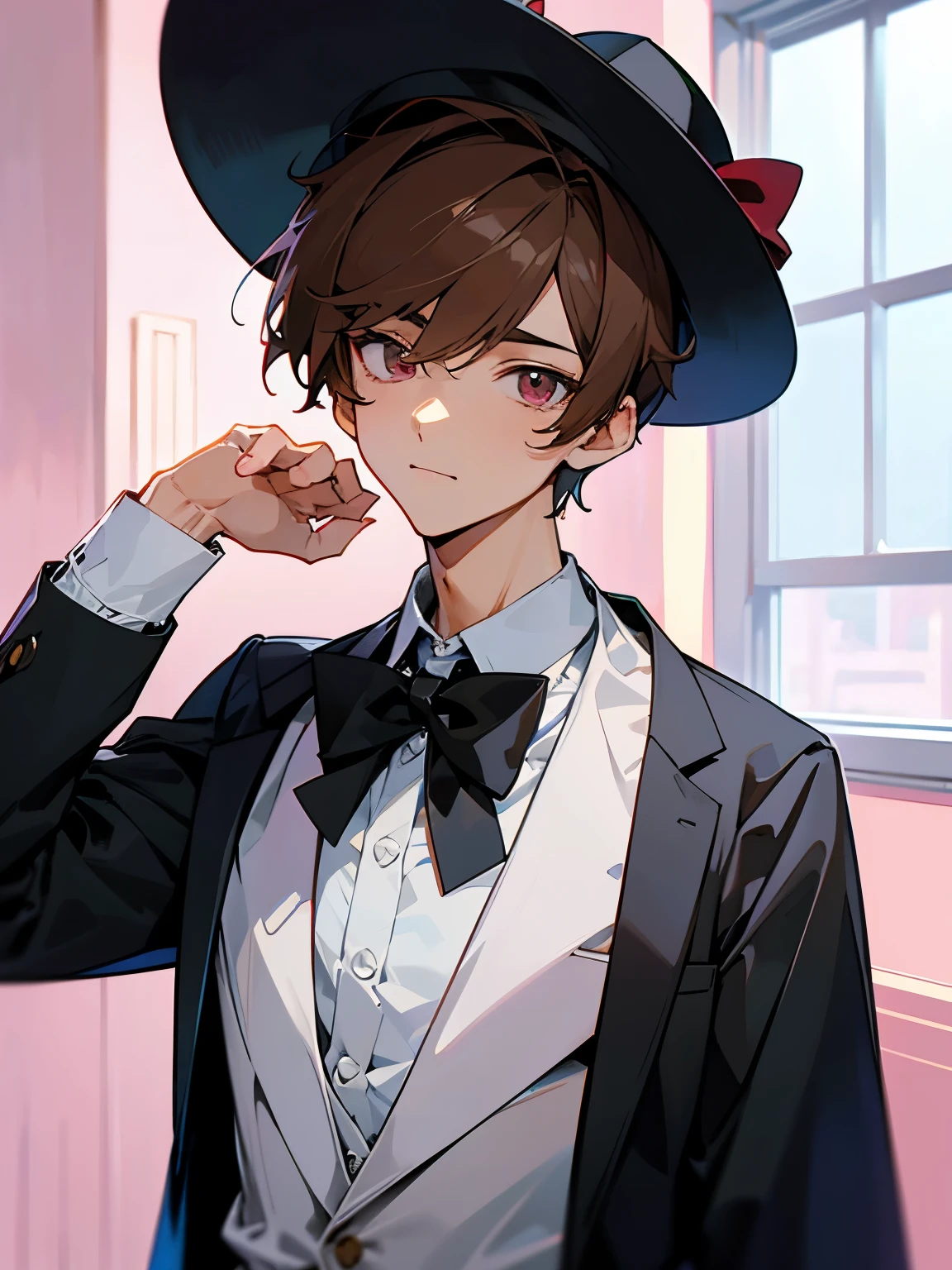 cartoon of a young man standing, with a black loop bow tie and with a white milkman hat, ddlc, in the art style of 8 0 s anime, 9 0 s anime style, 90s anime style, in anime style, in an anime style, anime aesthetic, anime vibes, 9 0 s anime aesthetic, 9 0 s anime art style, lofi boy, typical anime street background, beautiful background window, one young man, beautiful face, young man, don't extra hands, NO extra hands, generate a young man with NO extra hands, NO extra arm, white shirt, white milkman hat, tired eyes, beautiful tired eyes, brown short hair, brown hair, short hair, dark eyes, beautiful tired dark eyes, cute anime young man, based on Francis Mosses from that's not my neighbor, Francis Mosses the milkman, Francis Mosses the milkman from that's not my neighbor, beautiful face, sexy face, pretty pose, beautiful body, beautiful sexy young man