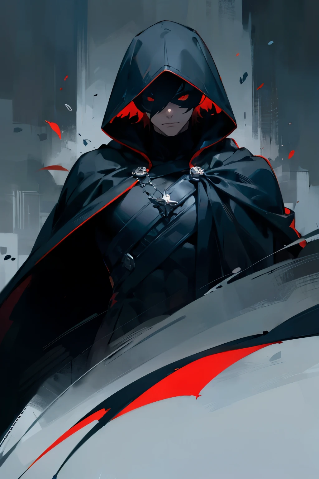 fantasy man with black clothes, a black cape, two red eyes, hooded face, gloomy and dark background