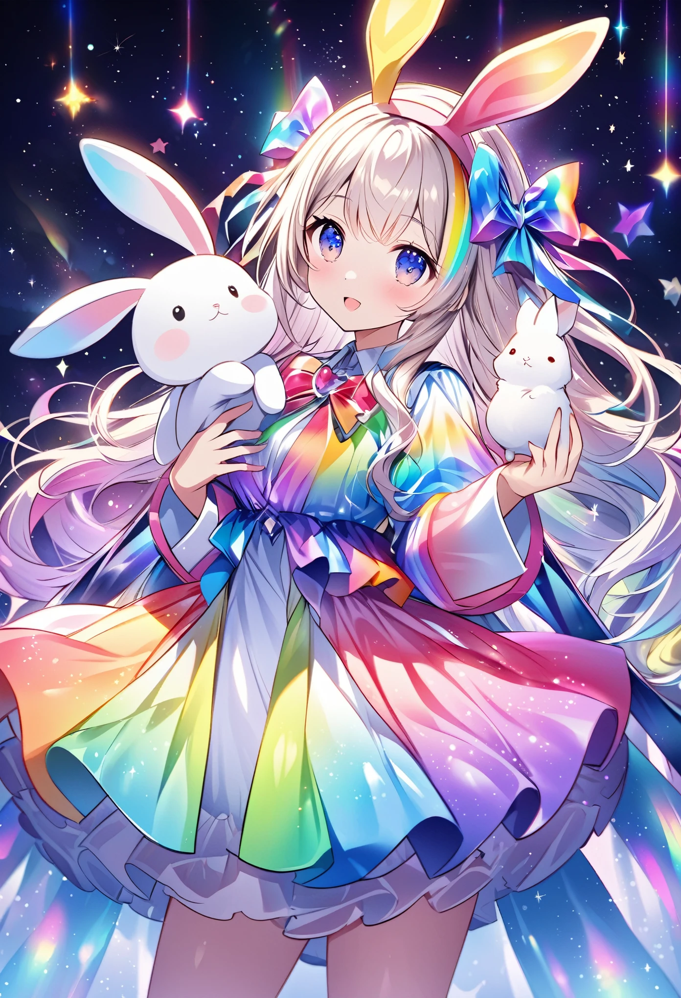 "Create an illustration of a mysterious character holding a white rabbit, She has light-colored hair with ribbons that resemble bunny ears.. Characters are shiny, A rainbow-colored blouse that reflects different colors. The background must be a celestial object, The starry sky transforms into a vibrant rainbow spectrum, Creates a mysterious and magical atmosphere."
