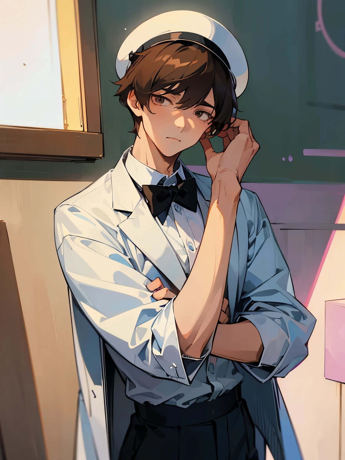 cartoon of a young man standing, with a black loop bow tie and with a white milkman hat, ddlc, in the art style of 8 0 s anime, 9 0 s anime style, 90s anime style, in anime style, in an anime style, anime aesthetic, anime vibes, 9 0 s anime aesthetic, 9 0 s anime art style, lofi boy, typical anime street background, beautiful background window, one young man, beautiful face, young man, don't extra hands, NO extra hands, generate a young man with NO extra hands, NO extra arm, white shirt, white milkman hat, tired eyes, beautiful tired eyes, brown short hair, brown hair, short hair, dark eyes, beautiful tired dark eyes, cute anime young man, based on Francis Mosses from that's not my neighbor, Francis Mosses the milkman, Francis Mosses the milkman from that's not my neighbor, beautiful face, sexy face, pretty pose, beautiful body, beautiful sexy young man