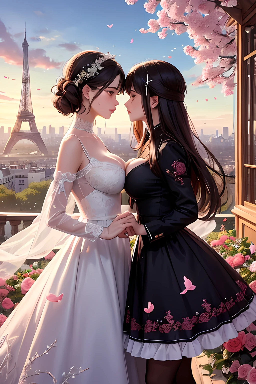 In a posh dreamscape, 2 girl with blue eyes and curly brown hair aims her bush-string bow at a heart of colorful flowers. Her arrow, Paris, turnul Eiffel, they hold hands , dogs and birds , sunset, adorned with delicate pink blooms, meets its mark with precision, guided by whispered devotion. As petals rustle in the surreal 2D dreamscape, her eyes meet Alraun, a big Breast Girl, adding intensity to the moment. Their almost kiss transcends reality amidst the floral tableau, a testament to love's enduring power in a chaotic world.