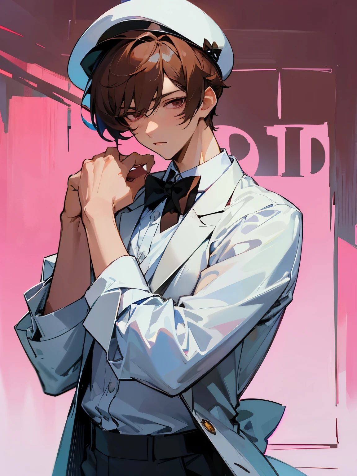 cartoon of a young man standing, with a black loop bow tie and with a white milkman hat, ddlc, in the art style of 8 0 s anime, 9 0 s anime style, 90s anime style, in anime style, in an anime style, anime aesthetic, anime vibes, 9 0 s anime aesthetic, 9 0 s anime art style, lofi boy, typical anime street background, beautiful background window, one young man, beautiful face, young man, don't extra hands, NO extra hands, generate a young man with NO extra hands, NO extra arm, white shirt, white milkman hat, tired eyes, beautiful tired eyes, brown short hair, brown hair, short hair, dark eyes, beautiful tired dark eyes, cute anime young man, based on Francis Mosses from that's not my neighbor, Francis Mosses the milkman, Francis Mosses the milkman from that's not my neighbor, beautiful face, sexy face, pretty pose, beautiful body, beautiful sexy young man